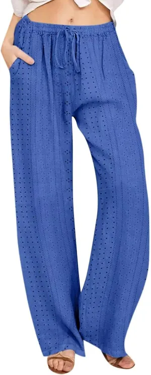 Eyelet Embroidered Pants for Women Wide Leg Casual Summer Pant Drawstring Elastic Waist Palazzo Lounge Trousers