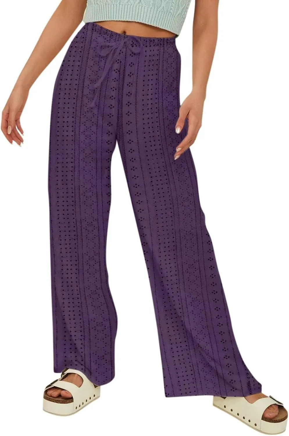 Eyelet Embroidered Pants for Women Wide Leg Casual Summer Pant Drawstring Elastic Waist Palazzo Lounge Trousers