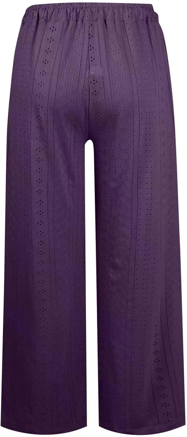 Eyelet Embroidered Pants for Women Wide Leg Casual Summer Pant Drawstring Elastic Waist Palazzo Lounge Trousers
