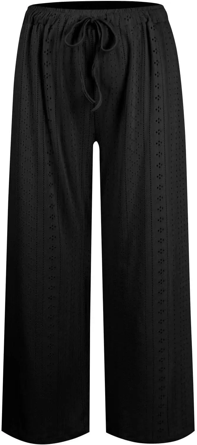 Eyelet Embroidered Pants for Women Wide Leg Casual Summer Pant Drawstring Elastic Waist Palazzo Lounge Trousers