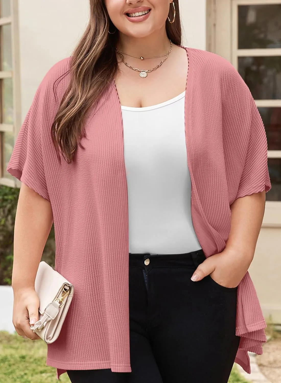 Eytino Women Plus Size Lightweight Cardigan Half Sleeve Ribbed Knit Kimono Cardigans Tops(1X-5X)