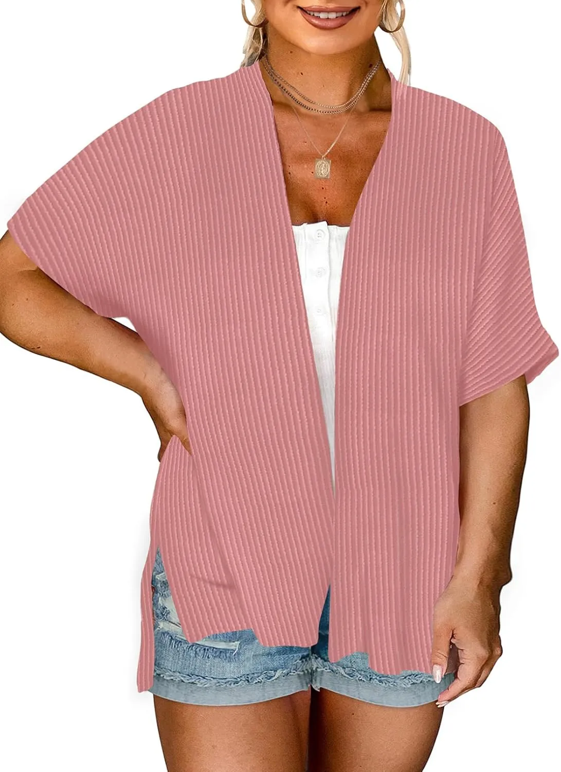 Eytino Women Plus Size Lightweight Cardigan Half Sleeve Ribbed Knit Kimono Cardigans Tops(1X-5X)