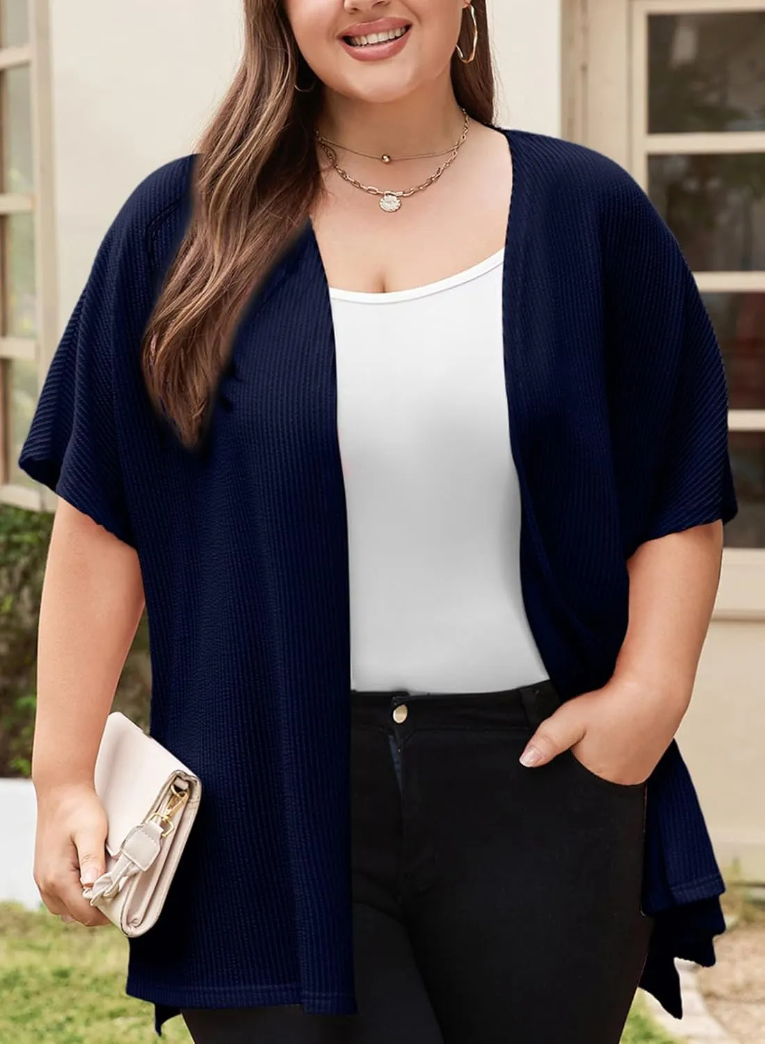 Eytino Women Plus Size Lightweight Cardigan Half Sleeve Ribbed Knit Kimono Cardigans Tops(1X-5X)