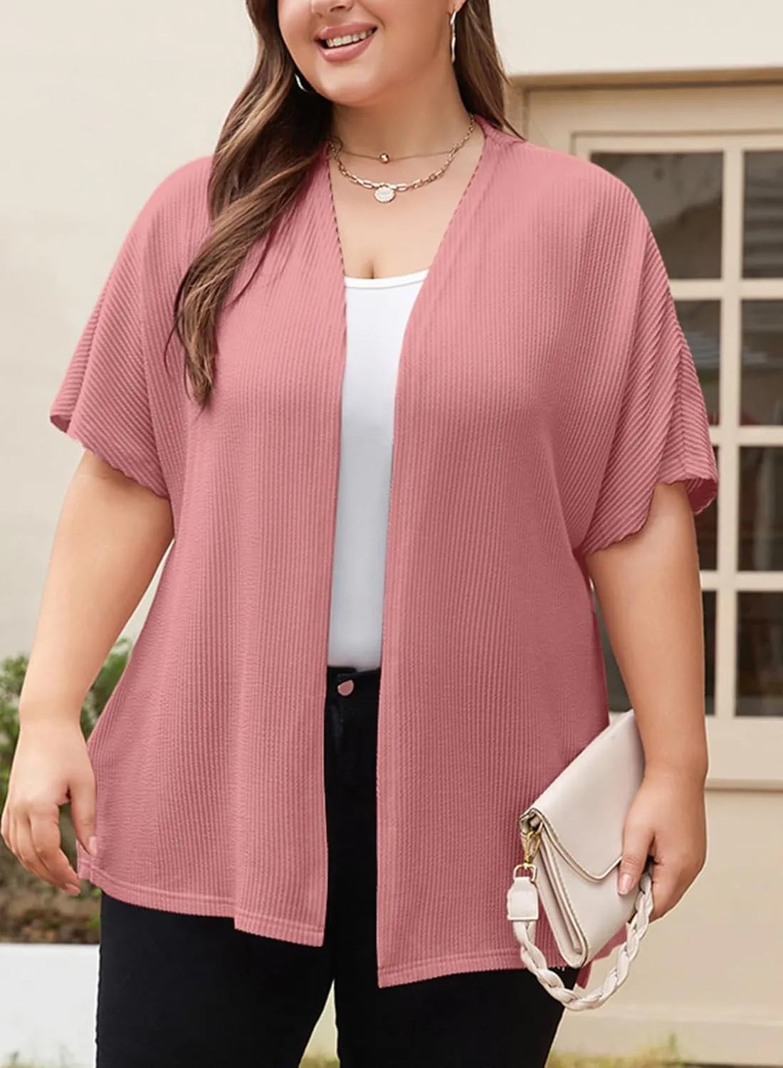 Eytino Women Plus Size Lightweight Cardigan Half Sleeve Ribbed Knit Kimono Cardigans Tops(1X-5X)