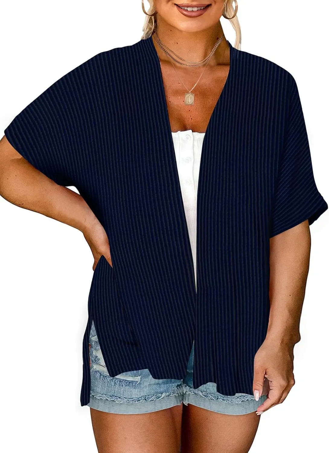Eytino Women Plus Size Lightweight Cardigan Half Sleeve Ribbed Knit Kimono Cardigans Tops(1X-5X)