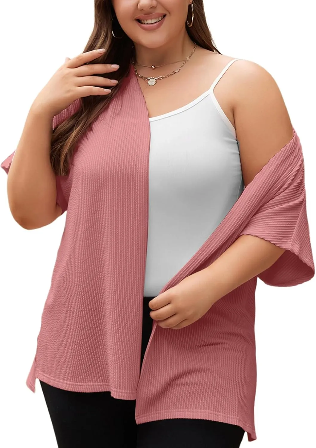 Eytino Women Plus Size Lightweight Cardigan Half Sleeve Ribbed Knit Kimono Cardigans Tops(1X-5X)