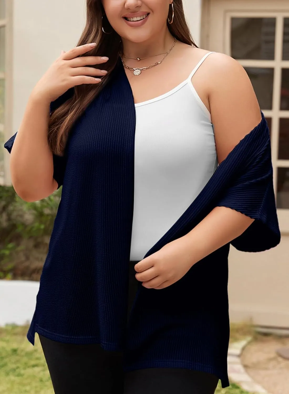 Eytino Women Plus Size Lightweight Cardigan Half Sleeve Ribbed Knit Kimono Cardigans Tops(1X-5X)