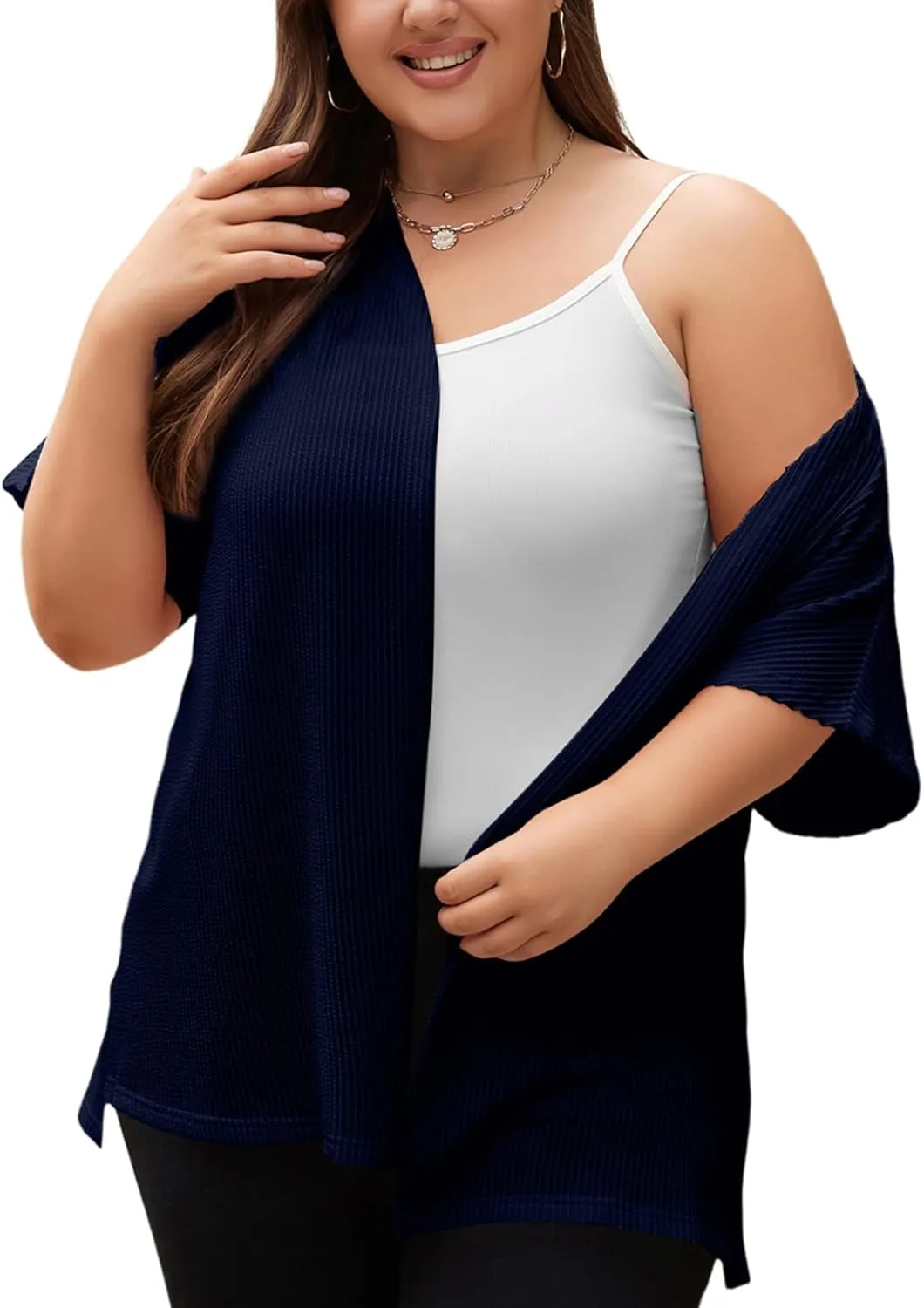 Eytino Women Plus Size Lightweight Cardigan Half Sleeve Ribbed Knit Kimono Cardigans Tops(1X-5X)