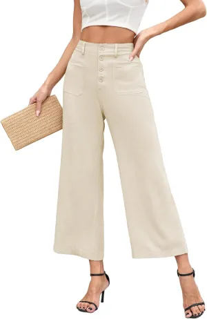 Famulily Womens Linen Pants for Summer Button Down Wide Leg Cropped Pants Casual Capri Pants with Pockets