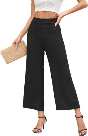 Famulily Womens Linen Pants for Summer Button Down Wide Leg Cropped Pants Casual Capri Pants with Pockets