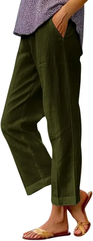 fanmpghleoo Cropped Linen Pants Women Summer Straight Leg Plus Size Crop Pants Elastic Waist Casual Trousers with Pockets