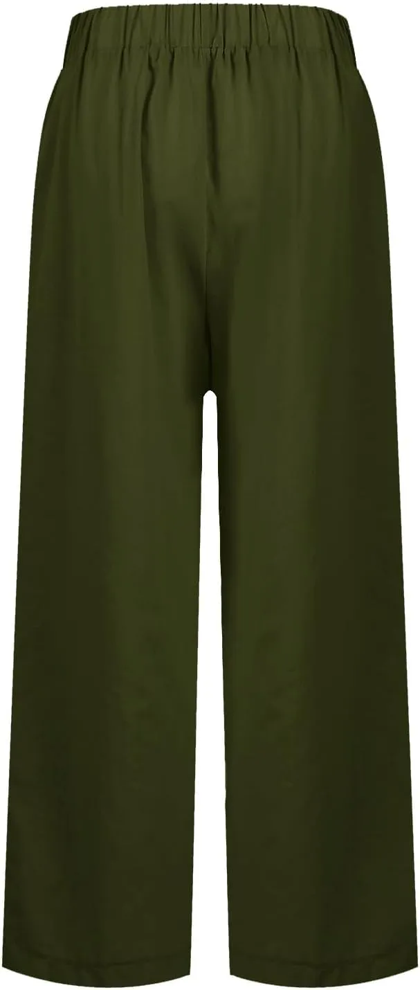 fanmpghleoo Cropped Linen Pants Women Summer Straight Leg Plus Size Crop Pants Elastic Waist Casual Trousers with Pockets