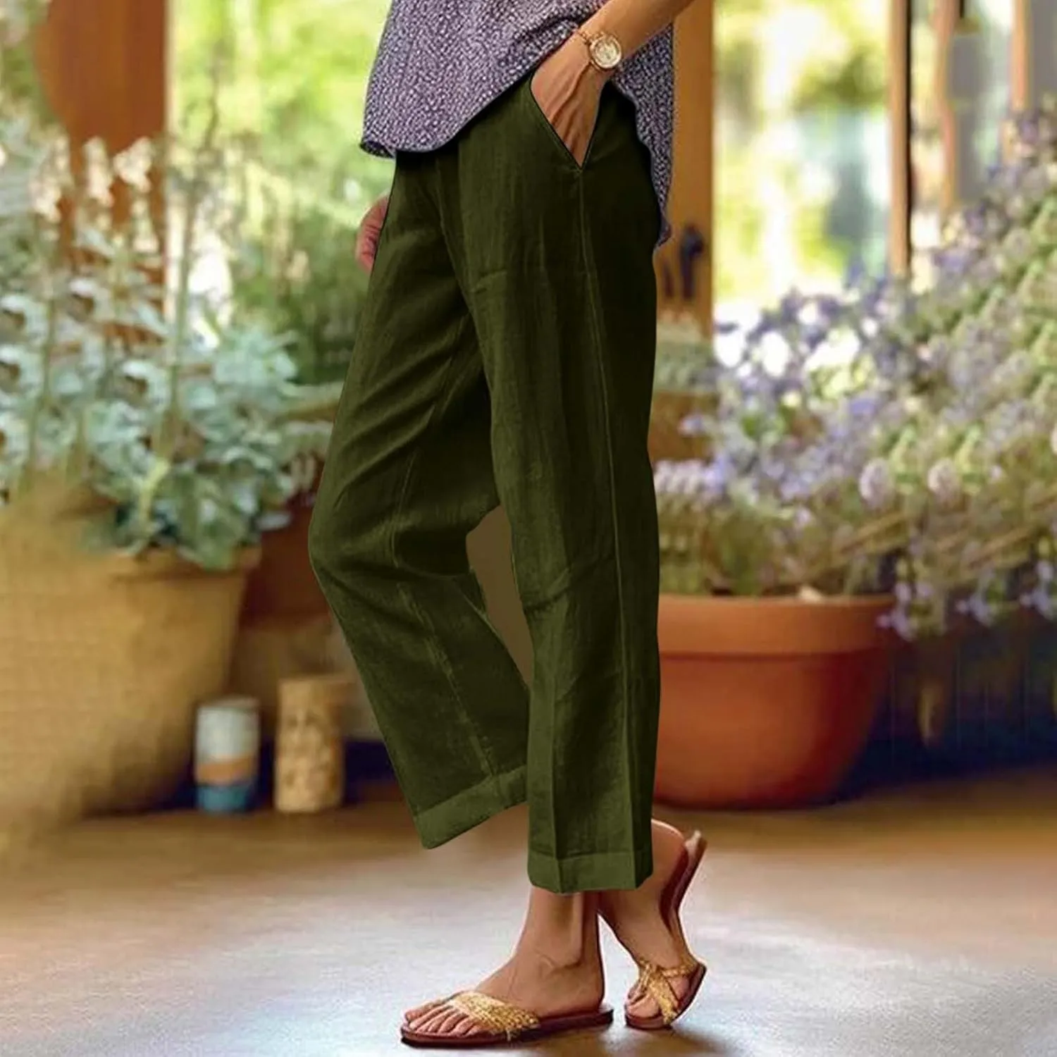 fanmpghleoo Cropped Linen Pants Women Summer Straight Leg Plus Size Crop Pants Elastic Waist Casual Trousers with Pockets