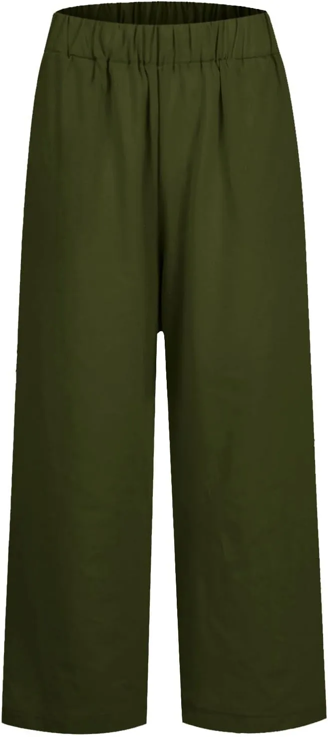 fanmpghleoo Cropped Linen Pants Women Summer Straight Leg Plus Size Crop Pants Elastic Waist Casual Trousers with Pockets