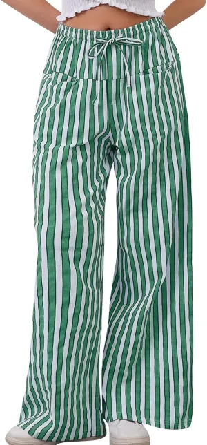 fanmpghleoo Drawstring Striped Pants Women Low Rise Wide Leg Pants Comfy Lounge Pants with Pockets Straight Leg Trousers