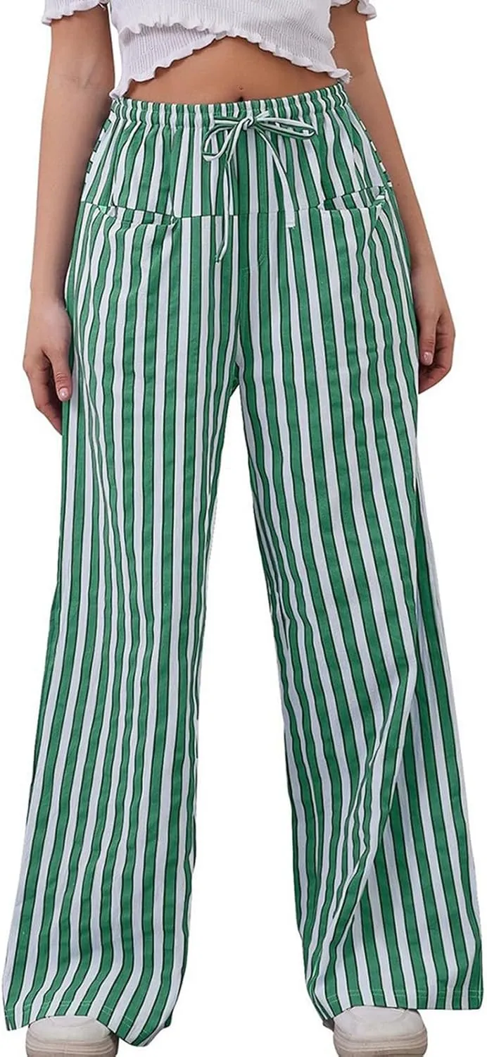 fanmpghleoo Drawstring Striped Pants Women Low Rise Wide Leg Pants Comfy Lounge Pants with Pockets Straight Leg Trousers