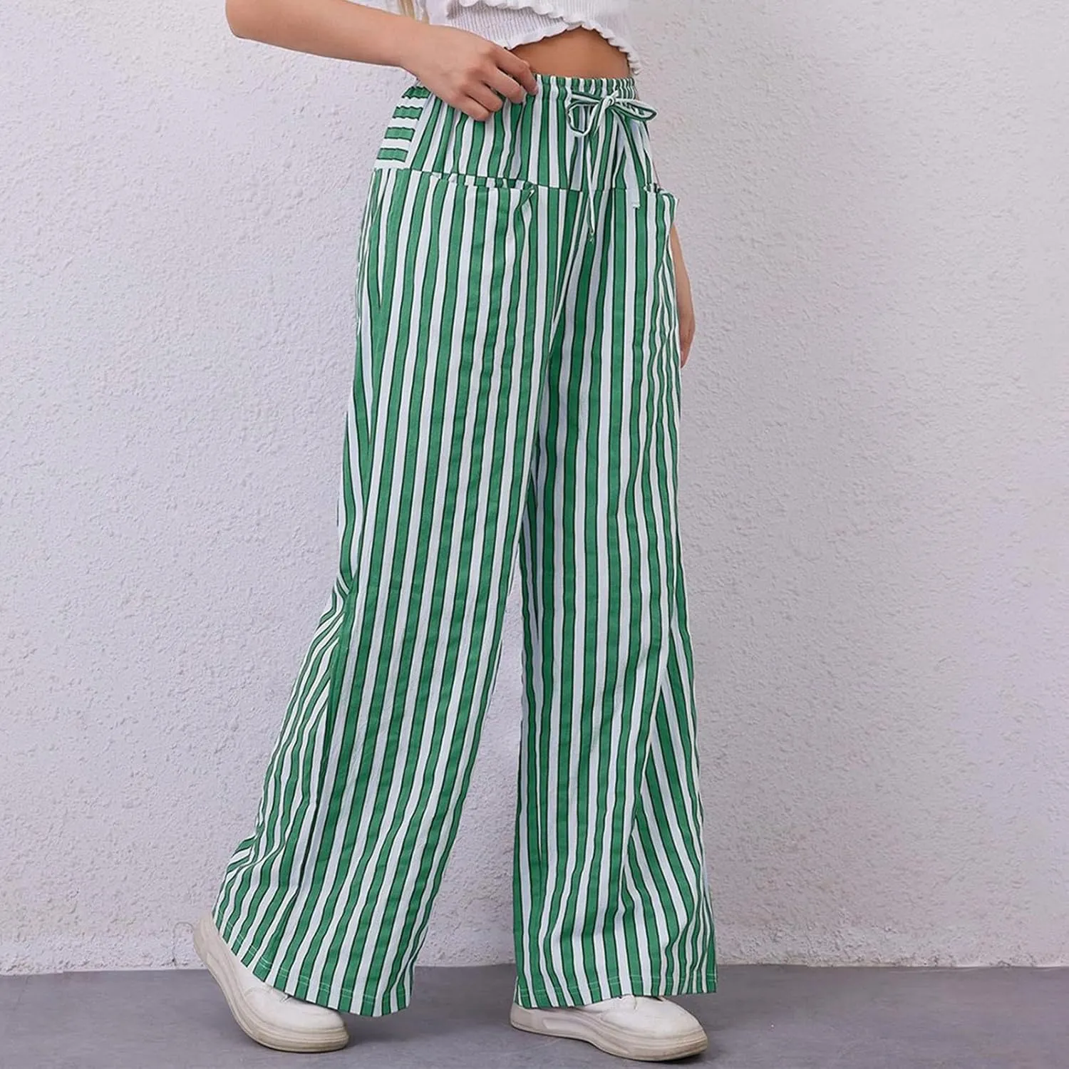 fanmpghleoo Drawstring Striped Pants Women Low Rise Wide Leg Pants Comfy Lounge Pants with Pockets Straight Leg Trousers