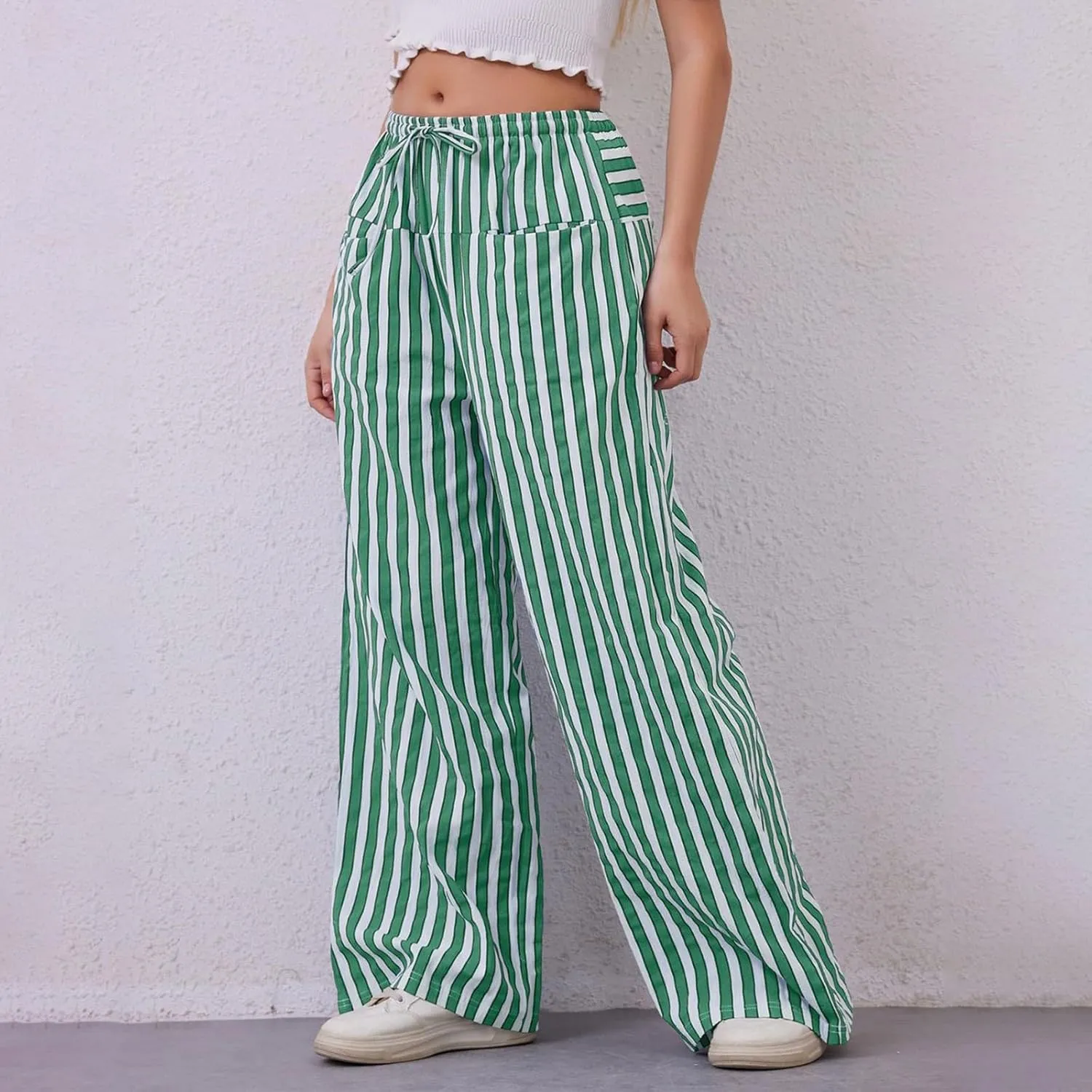 fanmpghleoo Drawstring Striped Pants Women Low Rise Wide Leg Pants Comfy Lounge Pants with Pockets Straight Leg Trousers