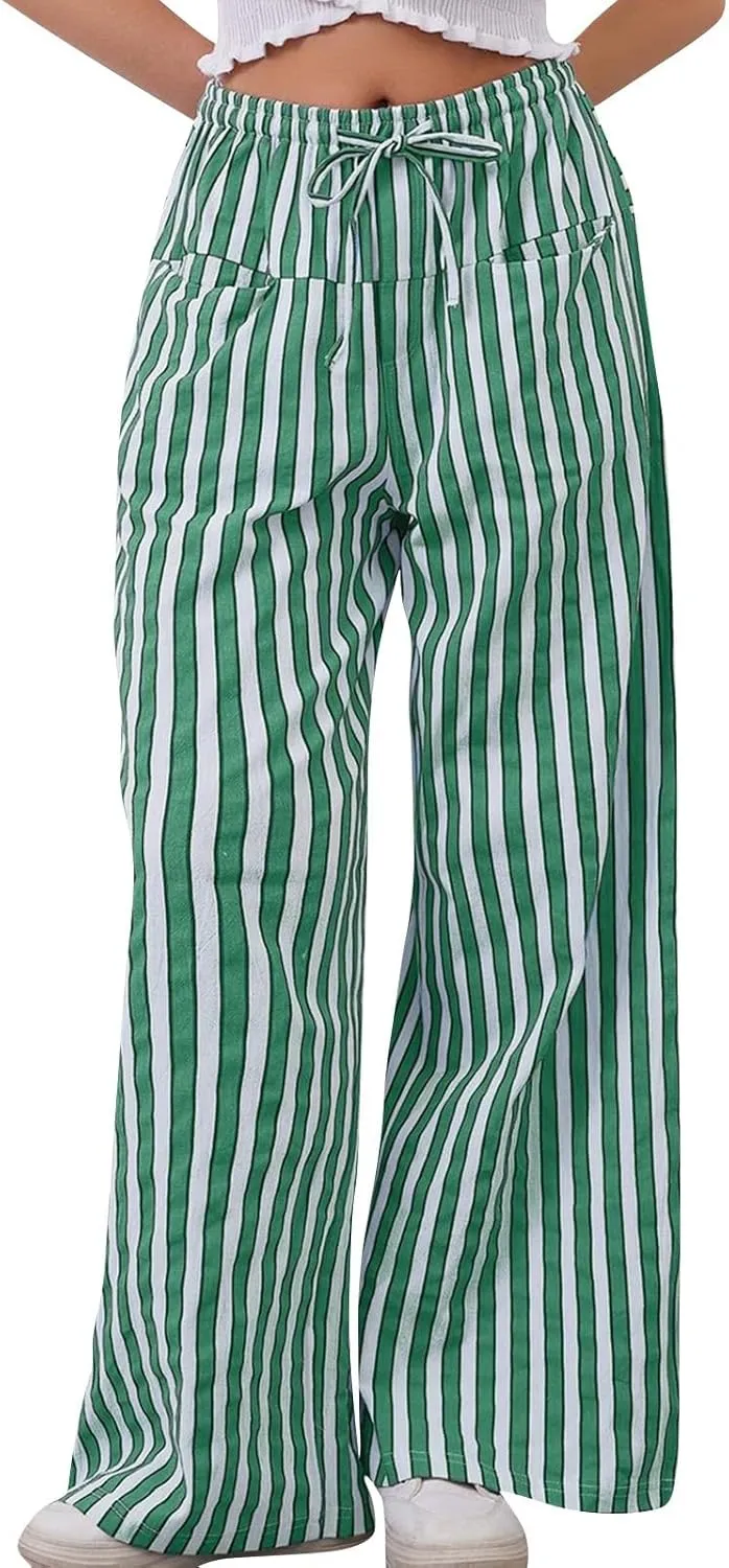 fanmpghleoo Drawstring Striped Pants Women Low Rise Wide Leg Pants Comfy Lounge Pants with Pockets Straight Leg Trousers