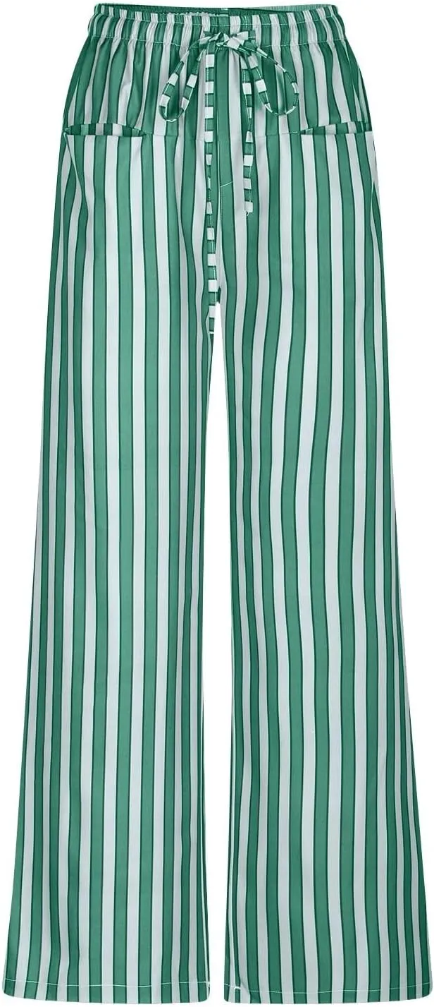 fanmpghleoo Drawstring Striped Pants Women Low Rise Wide Leg Pants Comfy Lounge Pants with Pockets Straight Leg Trousers