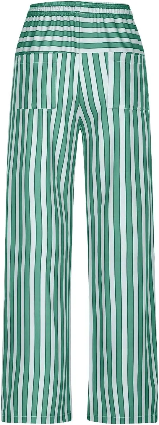 fanmpghleoo Drawstring Striped Pants Women Low Rise Wide Leg Pants Comfy Lounge Pants with Pockets Straight Leg Trousers
