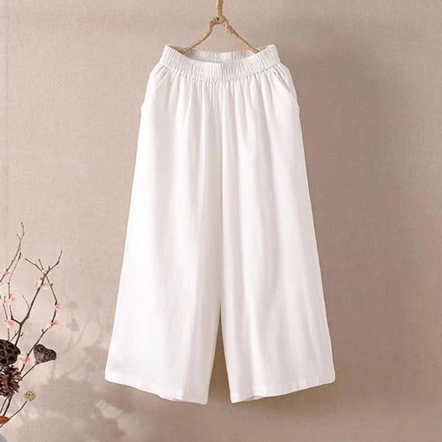 fanmpghleoo Linen Capri Pants for Women Plus Size Gaucho Linen Capris High Waisted Wide Leg Cropped Pants Comfy Lounge Pants