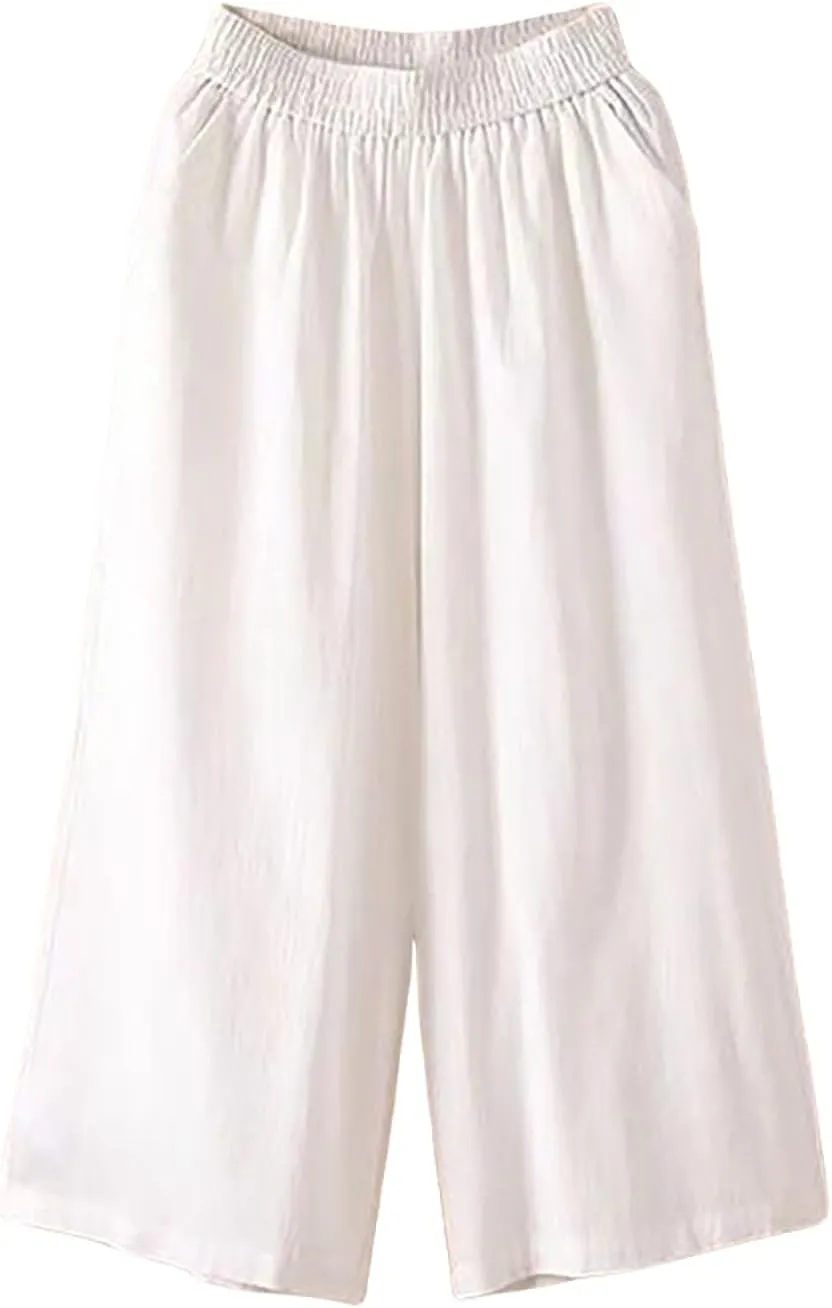 fanmpghleoo Linen Capri Pants for Women Plus Size Gaucho Linen Capris High Waisted Wide Leg Cropped Pants Comfy Lounge Pants