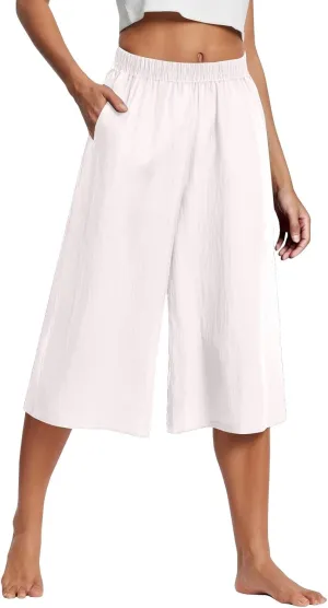 fanmpghleoo Linen Capri Pants for Women Plus Size Gaucho Linen Capris High Waisted Wide Leg Cropped Pants Comfy Lounge Pants