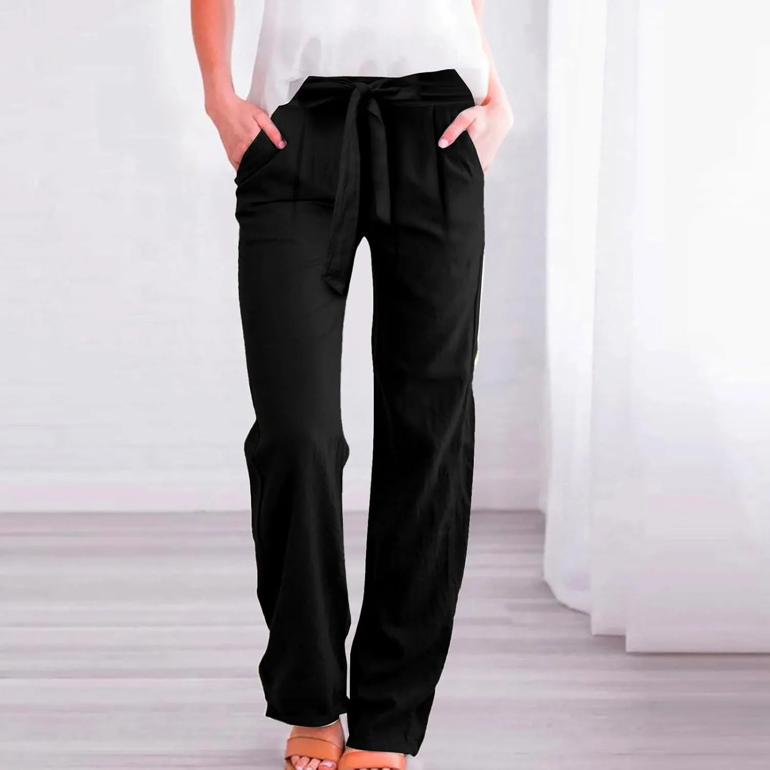fanmpghleoo Linen Pants Women Summer Adjustable Tie Knot Straight Leg Trouser High Rise Lightweight Beach Pants with Pockets
