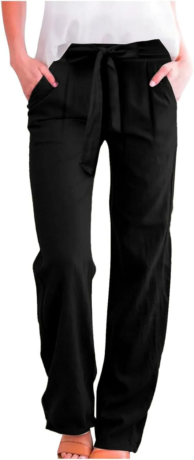 fanmpghleoo Linen Pants Women Summer Adjustable Tie Knot Straight Leg Trouser High Rise Lightweight Beach Pants with Pockets