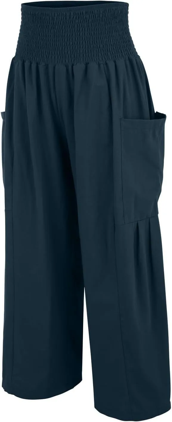 fanmpghleoo Linen Pants Women Summer Smocked Elastic High Waisted Linen Joggers with Pockets Wide Leg Yoga Boho Harem Pants