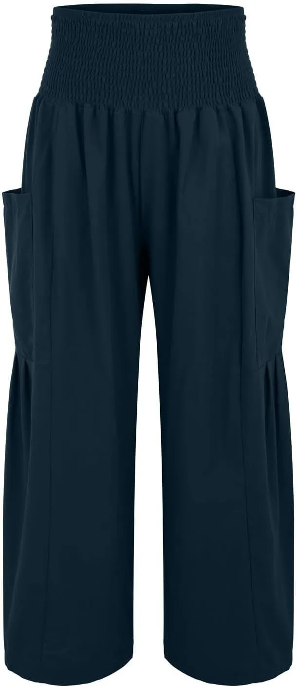 fanmpghleoo Linen Pants Women Summer Smocked Elastic High Waisted Linen Joggers with Pockets Wide Leg Yoga Boho Harem Pants
