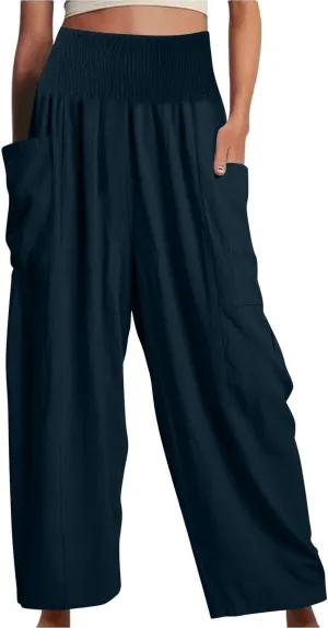 fanmpghleoo Linen Pants Women Summer Smocked Elastic High Waisted Linen Joggers with Pockets Wide Leg Yoga Boho Harem Pants