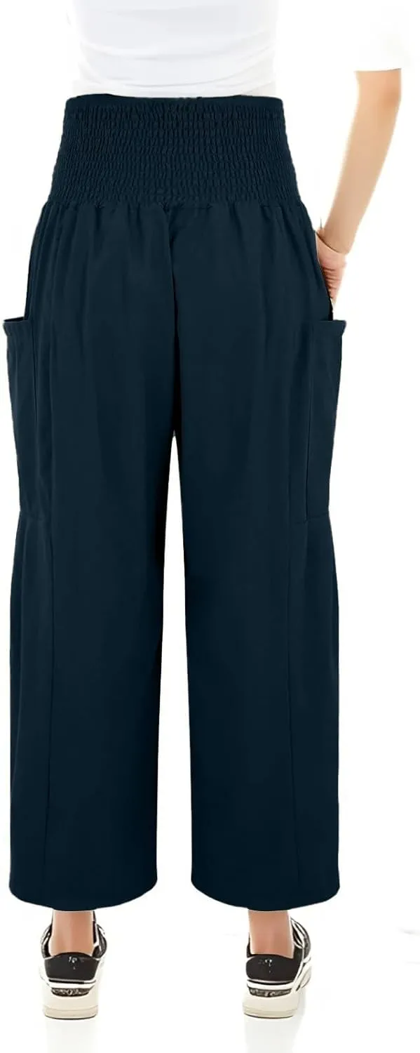 fanmpghleoo Linen Pants Women Summer Smocked Elastic High Waisted Linen Joggers with Pockets Wide Leg Yoga Boho Harem Pants