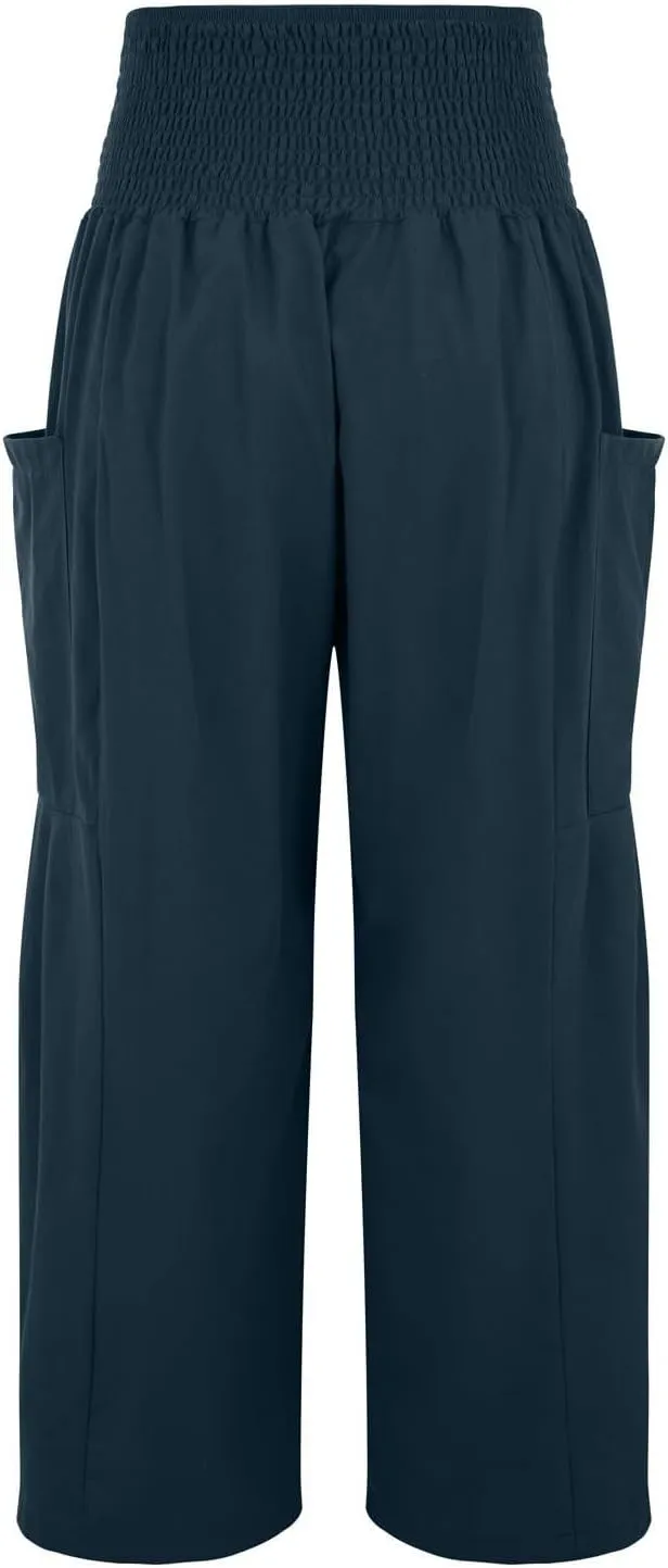 fanmpghleoo Linen Pants Women Summer Smocked Elastic High Waisted Linen Joggers with Pockets Wide Leg Yoga Boho Harem Pants