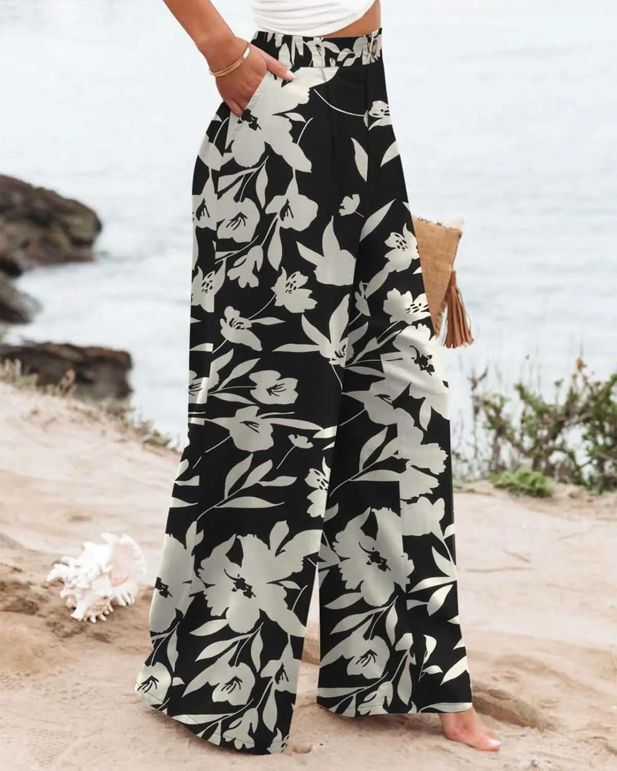 fanmpghleoo Striped Linen Pants Women Elastic Waist Wide Leg Lounge Pants with Pockets Casual Trendy Linen Palazzo Pants