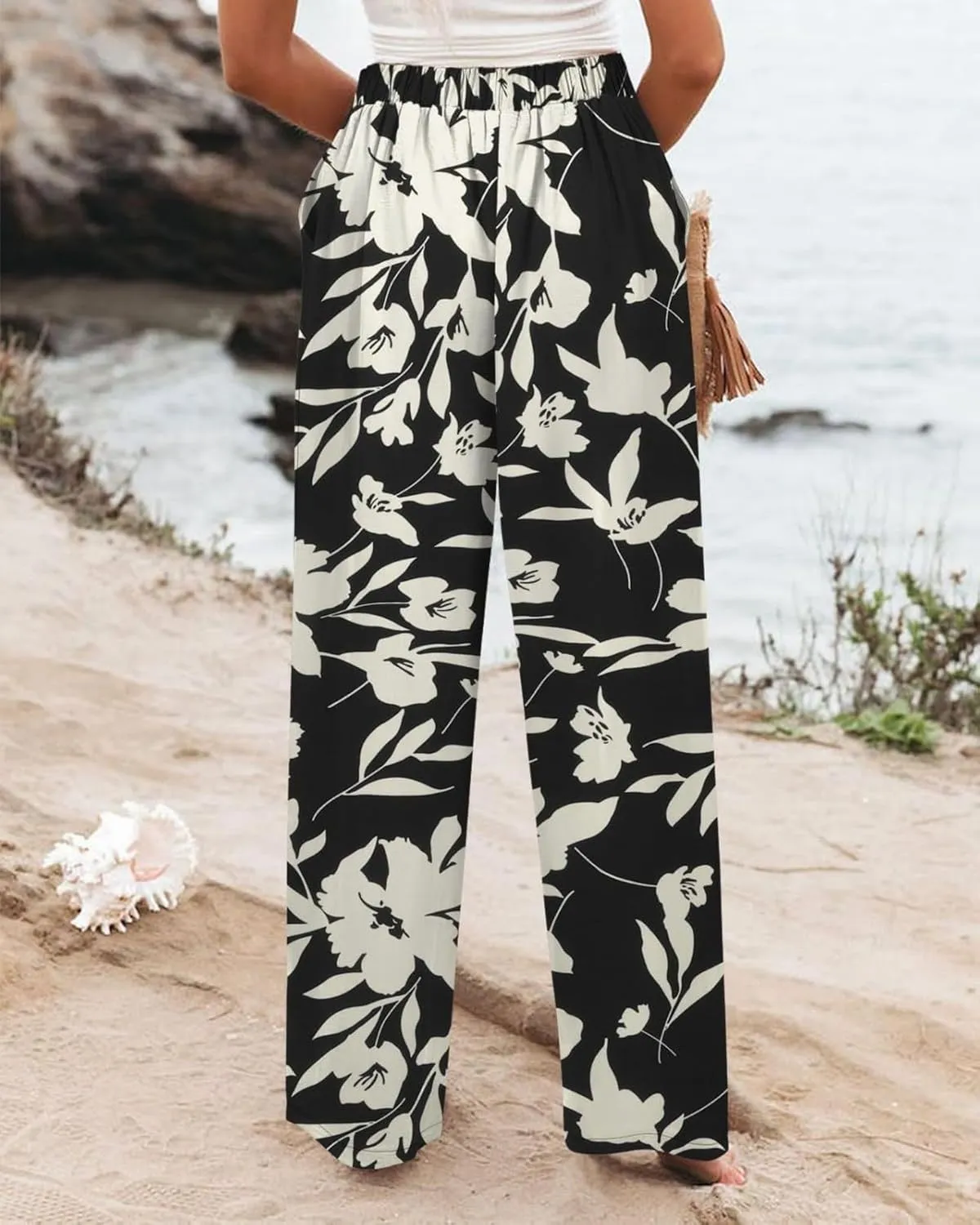 fanmpghleoo Striped Linen Pants Women Elastic Waist Wide Leg Lounge Pants with Pockets Casual Trendy Linen Palazzo Pants