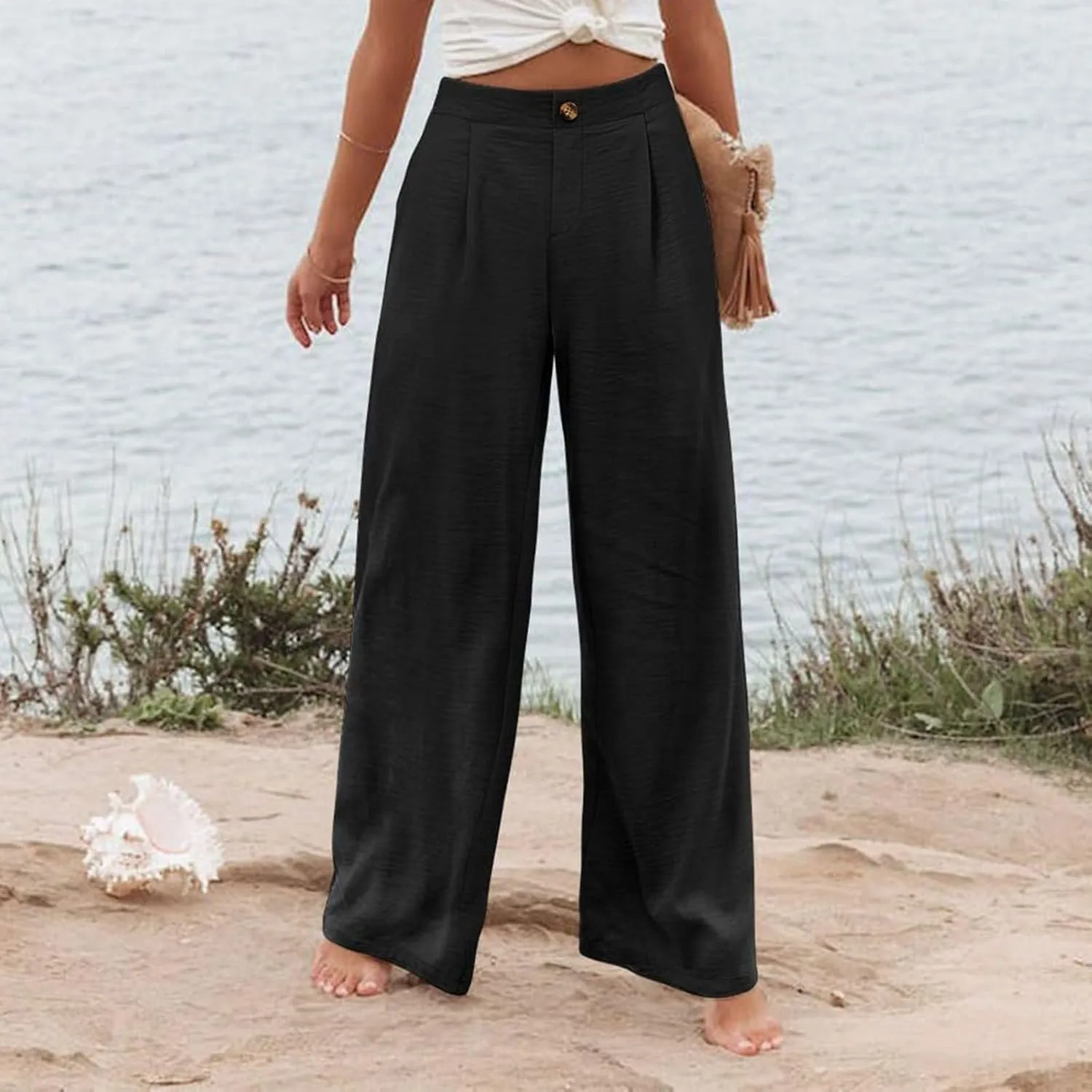 fanmpghleoo Striped Linen Pants Women Elastic Waist Wide Leg Lounge Pants with Pockets Casual Trendy Linen Palazzo Pants