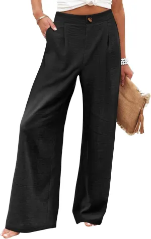 fanmpghleoo Striped Linen Pants Women Elastic Waist Wide Leg Lounge Pants with Pockets Casual Trendy Linen Palazzo Pants