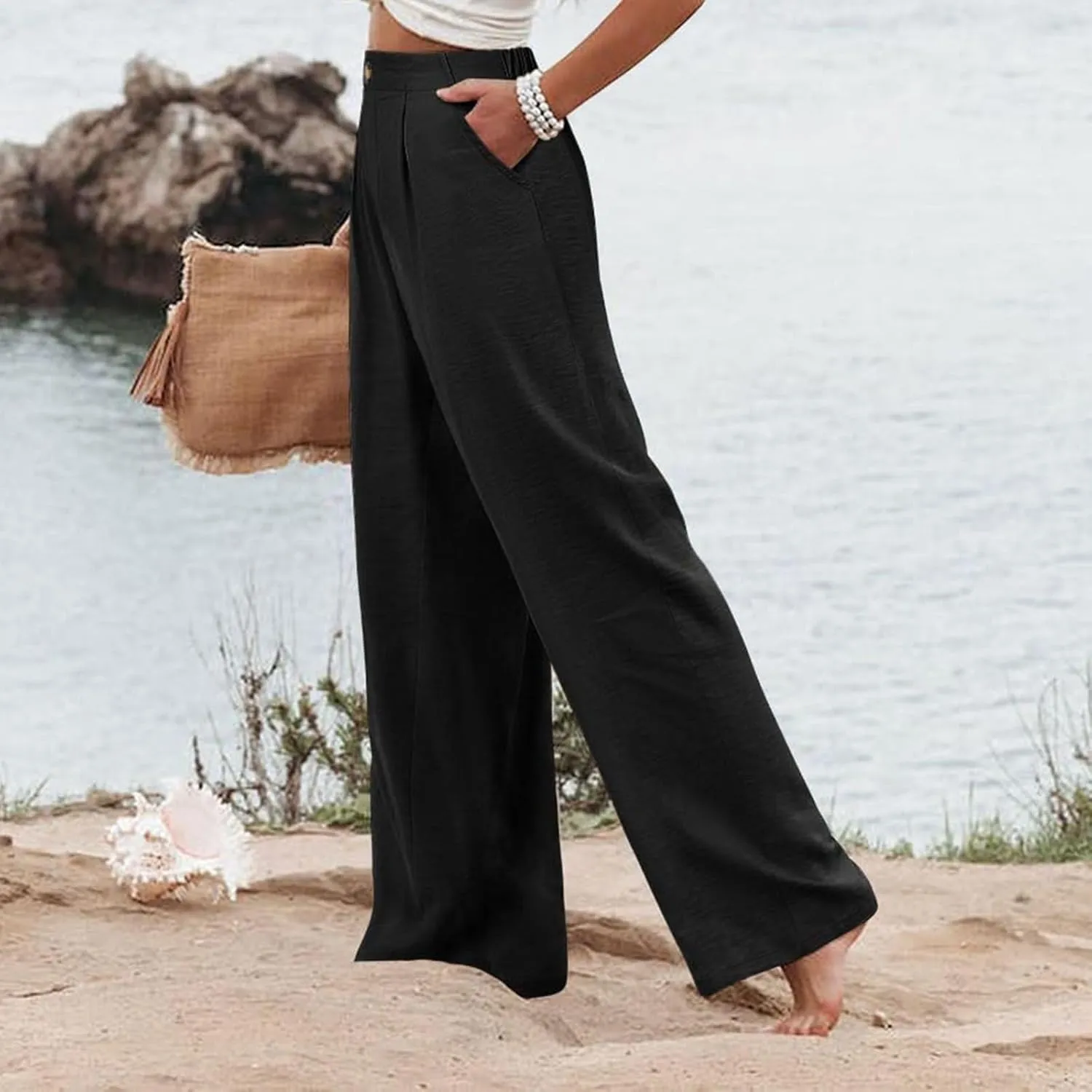 fanmpghleoo Striped Linen Pants Women Elastic Waist Wide Leg Lounge Pants with Pockets Casual Trendy Linen Palazzo Pants