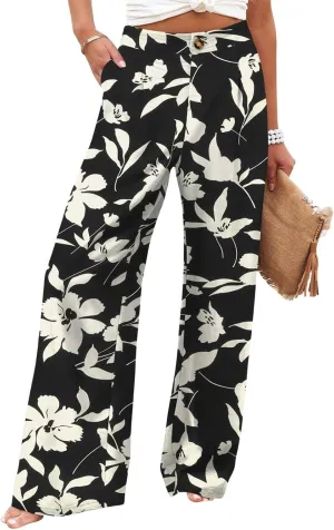 fanmpghleoo Striped Linen Pants Women Elastic Waist Wide Leg Lounge Pants with Pockets Casual Trendy Linen Palazzo Pants