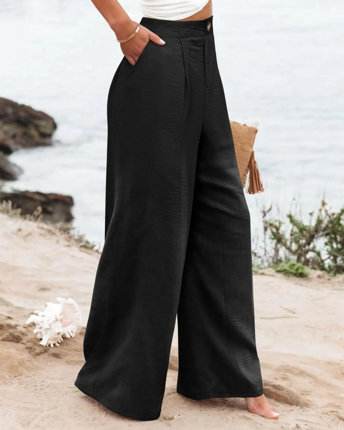 fanmpghleoo Striped Linen Pants Women Elastic Waist Wide Leg Lounge Pants with Pockets Casual Trendy Linen Palazzo Pants
