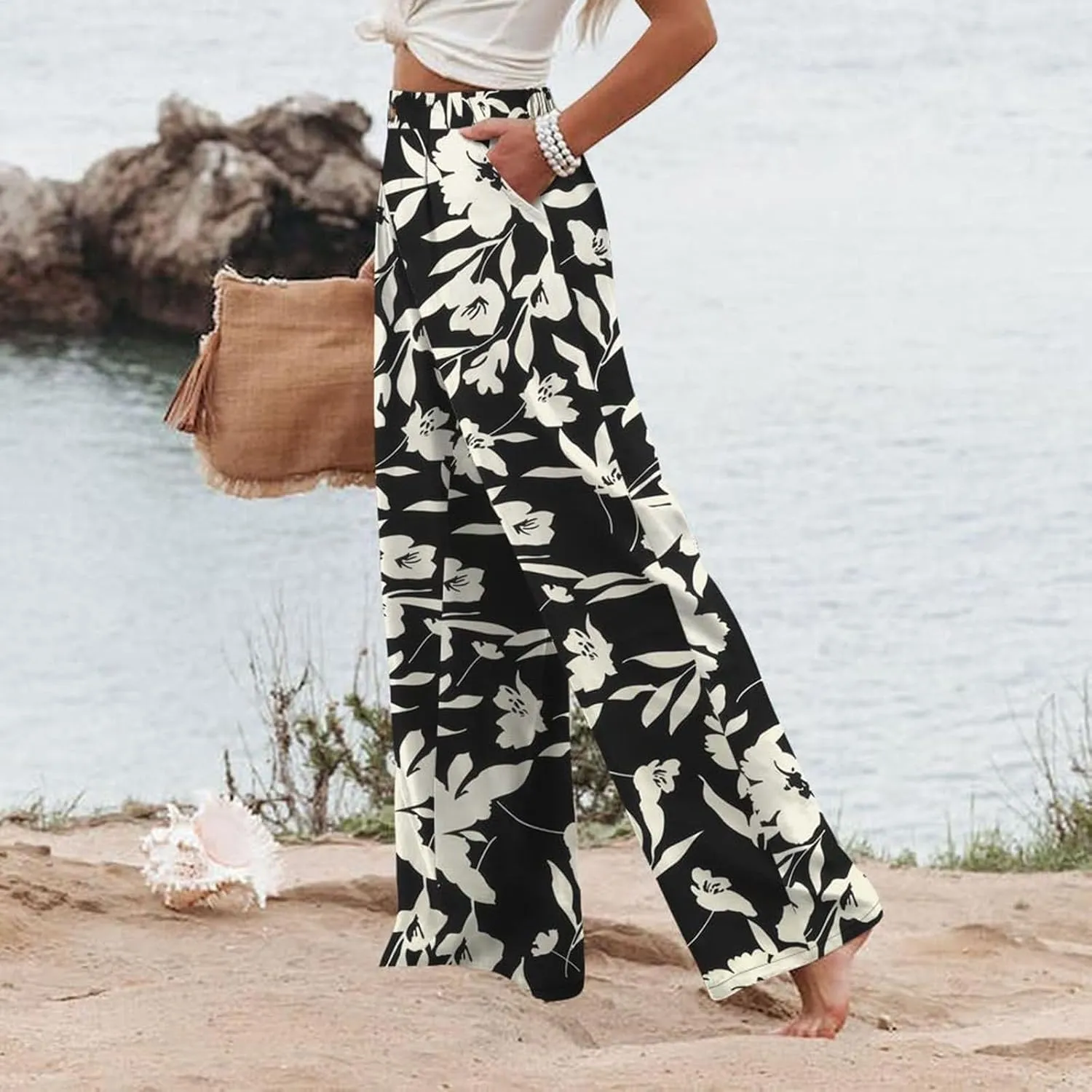 fanmpghleoo Striped Linen Pants Women Elastic Waist Wide Leg Lounge Pants with Pockets Casual Trendy Linen Palazzo Pants
