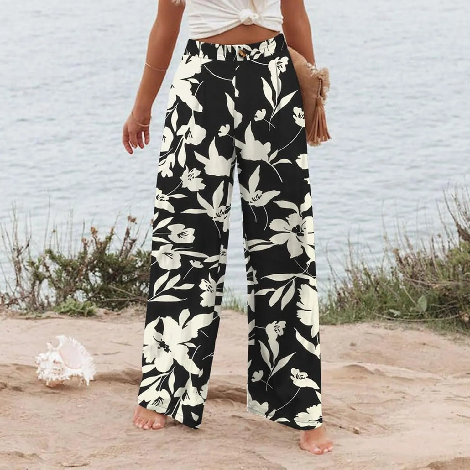 fanmpghleoo Striped Linen Pants Women Elastic Waist Wide Leg Lounge Pants with Pockets Casual Trendy Linen Palazzo Pants