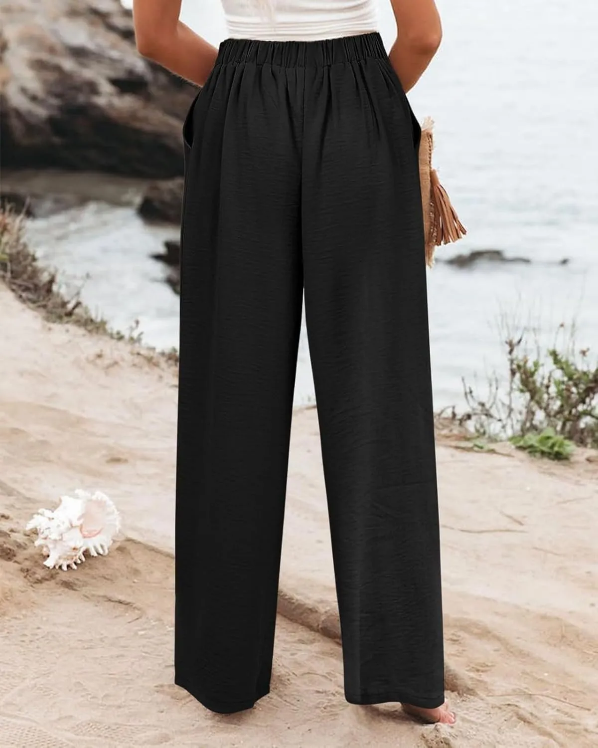 fanmpghleoo Striped Linen Pants Women Elastic Waist Wide Leg Lounge Pants with Pockets Casual Trendy Linen Palazzo Pants
