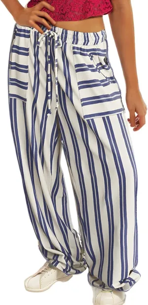 fanmpghleoo Striped Linen Pants Women Summer Drawstring Wide Leg Palazzo Pants for Women Casual High Waisted Linen Trosuers