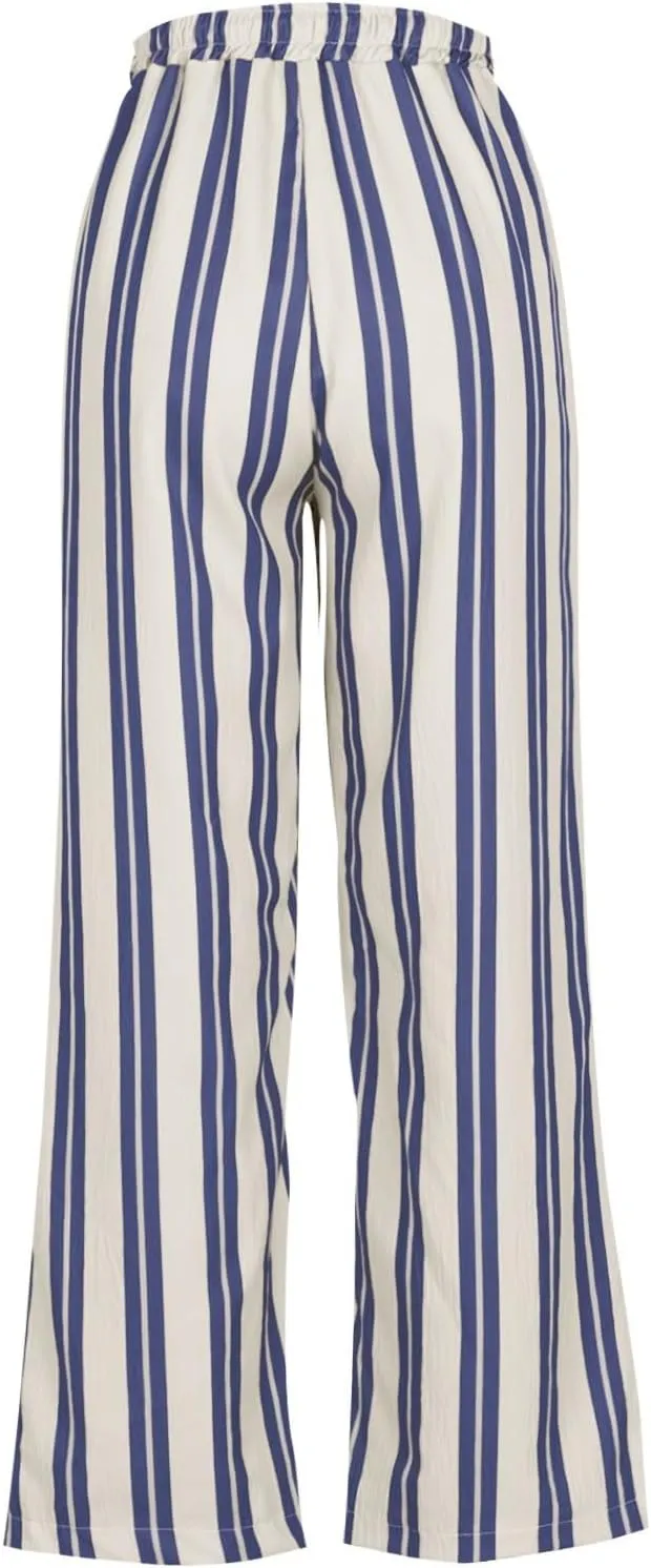 fanmpghleoo Striped Linen Pants Women Summer Drawstring Wide Leg Palazzo Pants for Women Casual High Waisted Linen Trosuers