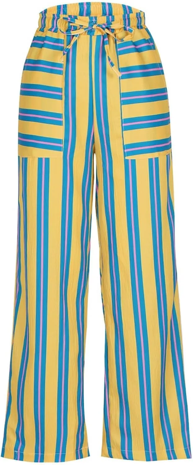 fanmpghleoo Striped Linen Pants Women Summer Drawstring Wide Leg Palazzo Pants for Women Casual High Waisted Linen Trosuers