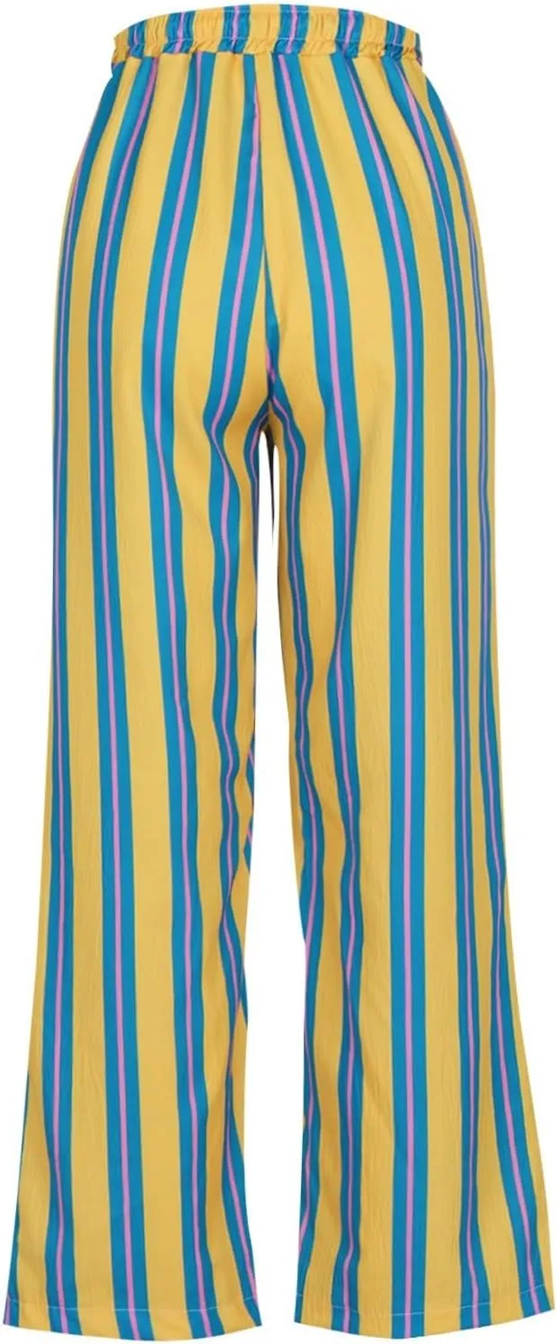 fanmpghleoo Striped Linen Pants Women Summer Drawstring Wide Leg Palazzo Pants for Women Casual High Waisted Linen Trosuers