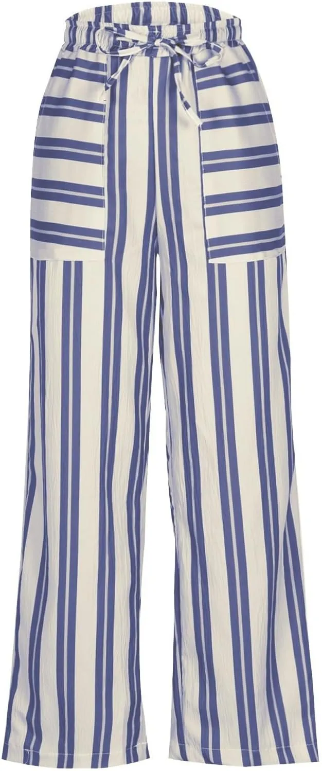 fanmpghleoo Striped Linen Pants Women Summer Drawstring Wide Leg Palazzo Pants for Women Casual High Waisted Linen Trosuers